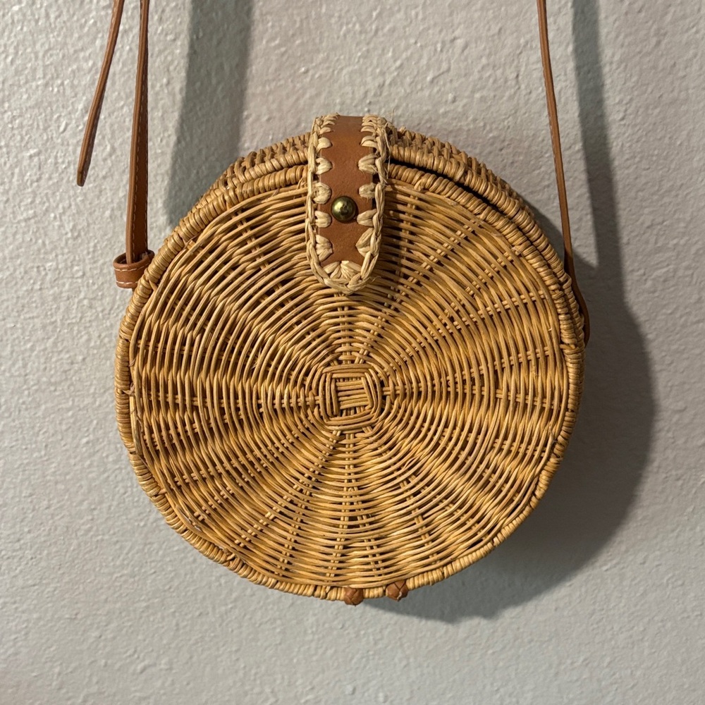 Round Woven Crossbody Bag in Tan - Picture 2 of 5
